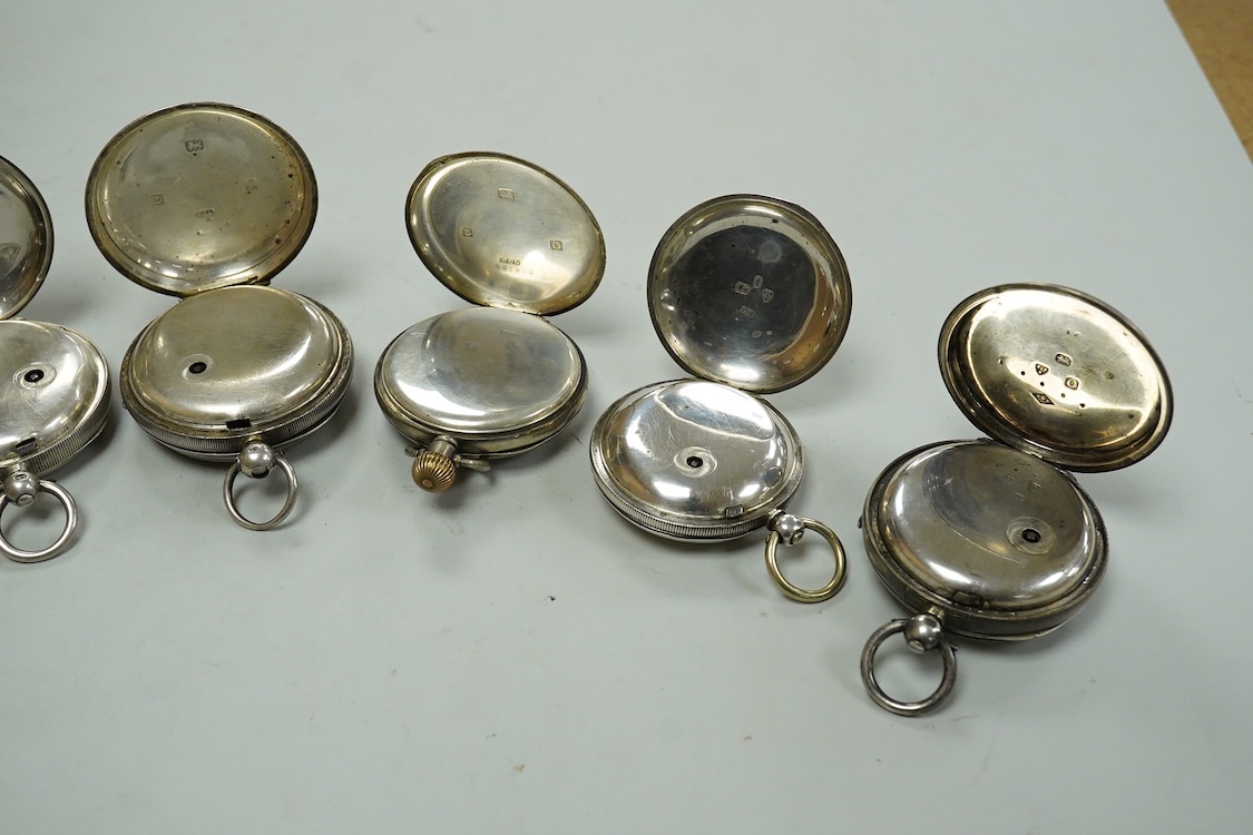 Seven assorted mainly early 20th century silver open faced pocket watches including Kendall & Dent, case diameter 51mm and Waltham, together with a late Victorian silver hunter pocket watch(a.f.).